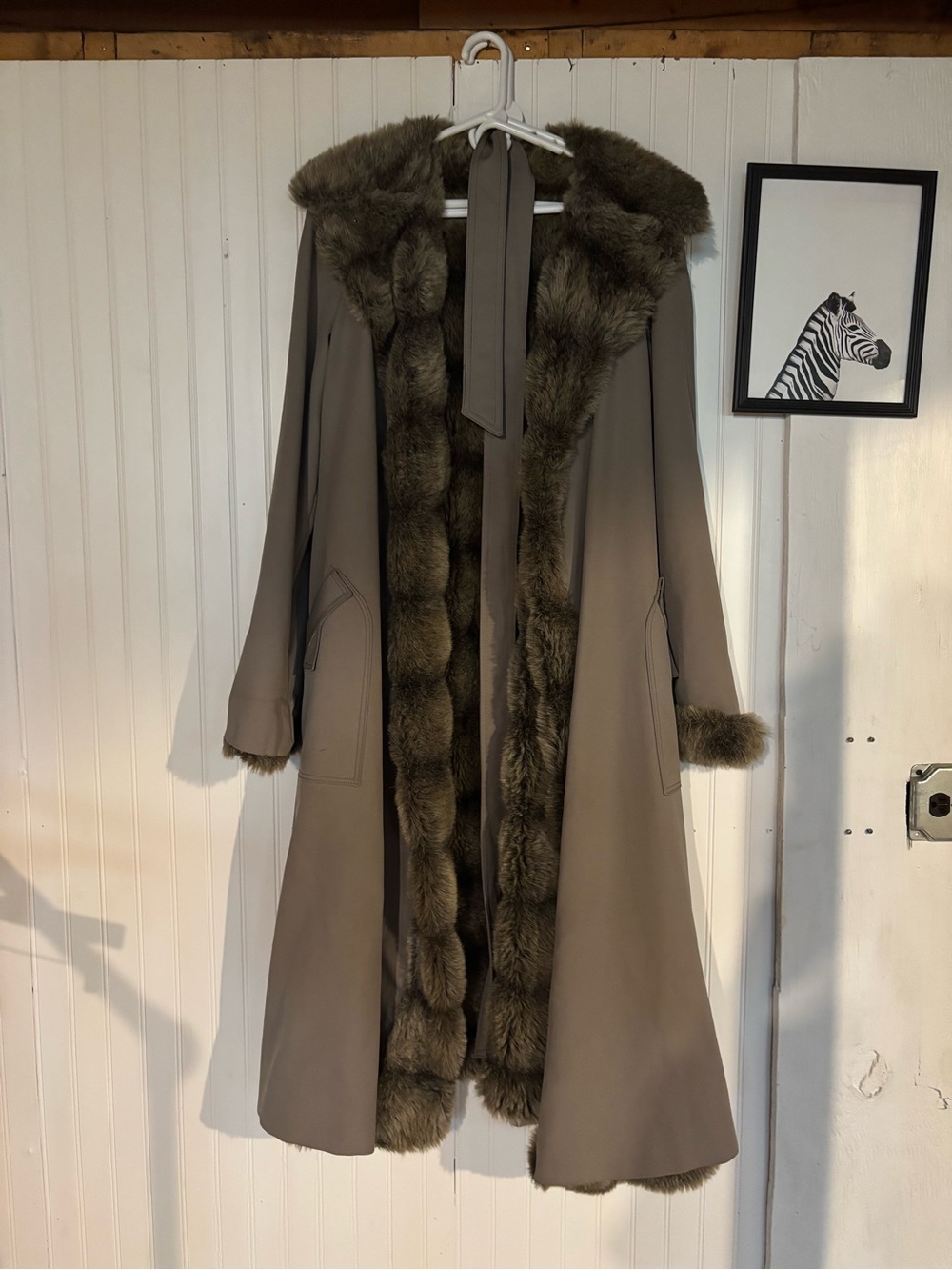 Women's Taupe Faux Fur Trim Long Coat